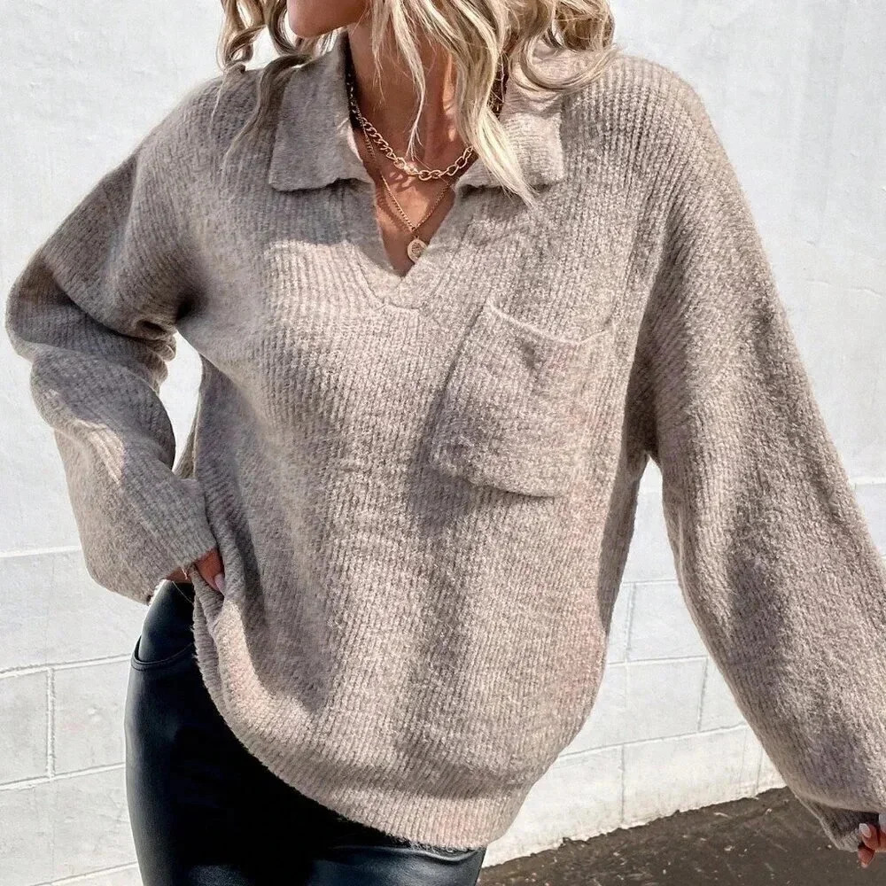 Khaki Casual Women's Pocket Front Drop Shoulder Sweater - Picture 3 of 6